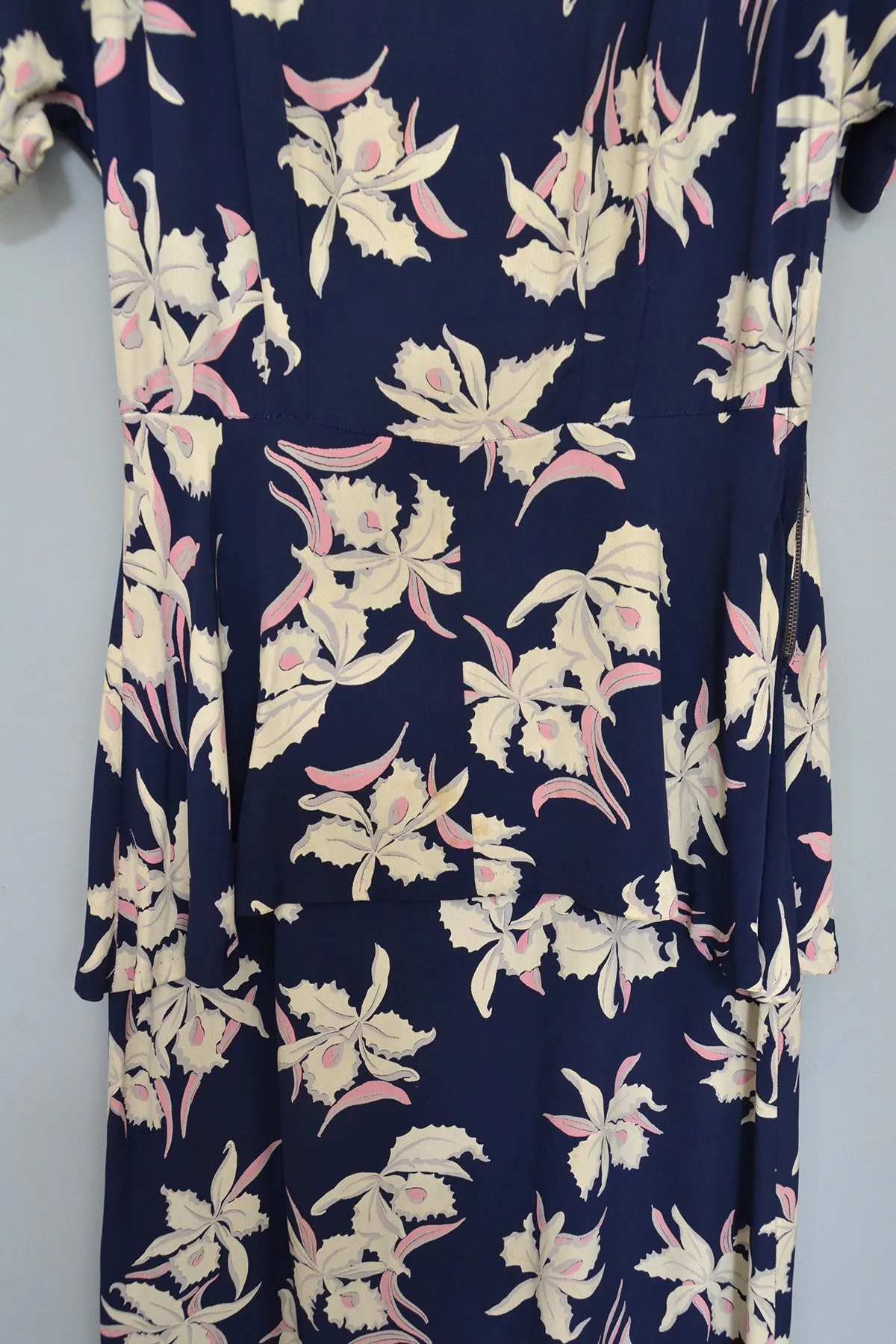 1940s Navy Blue Orchid Print Dress As-Is