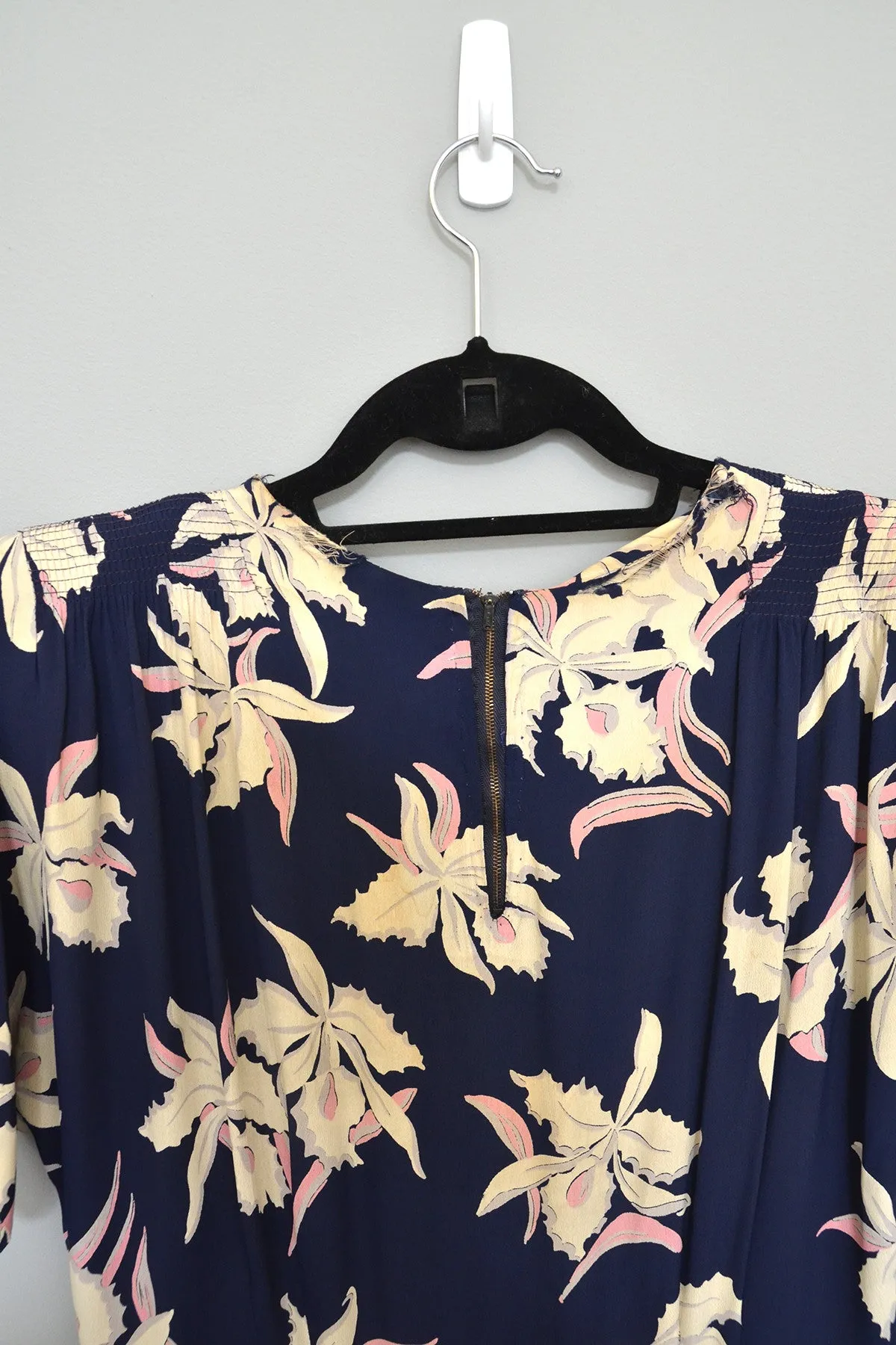 1940s Navy Blue Orchid Print Dress As-Is