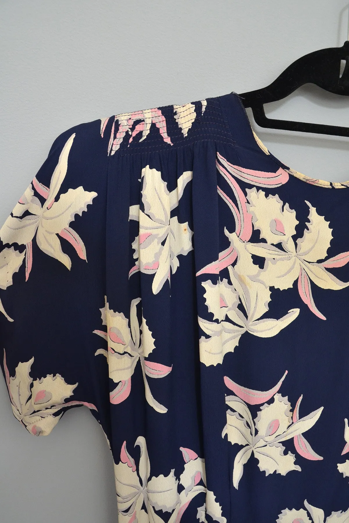 1940s Navy Blue Orchid Print Dress As-Is