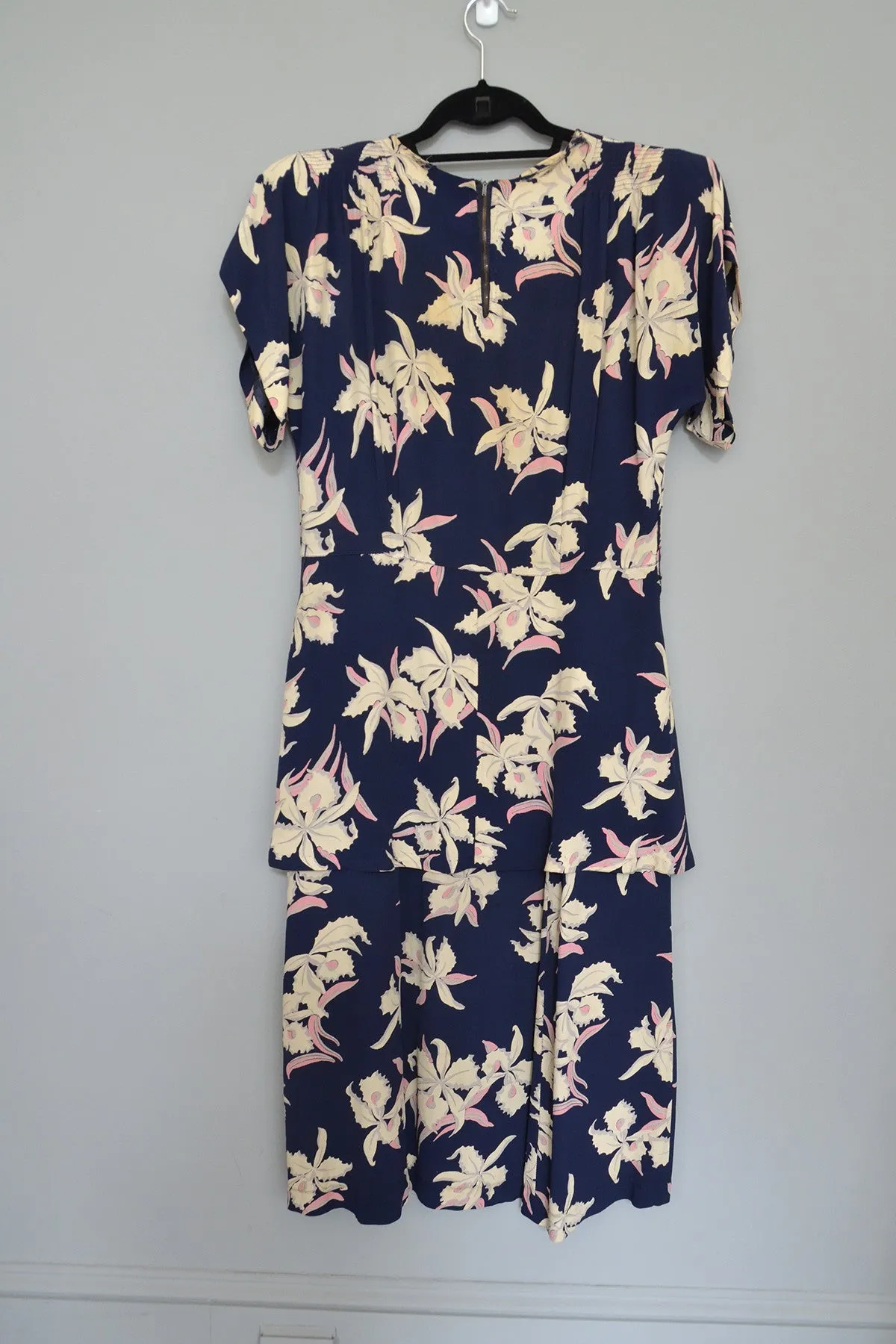 1940s Navy Blue Orchid Print Dress As-Is