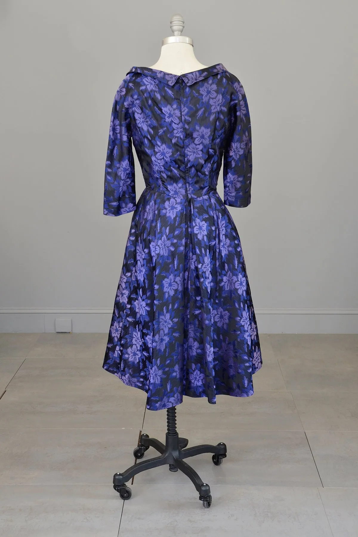 1950s 60s Black Purple Floral Print Office Party Dress