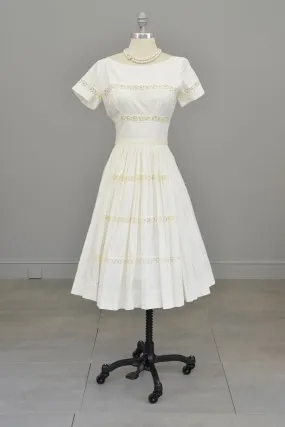 1950s 60s White Eyelet Fit and Flare Wedding Party Dress | Vintage Wedding