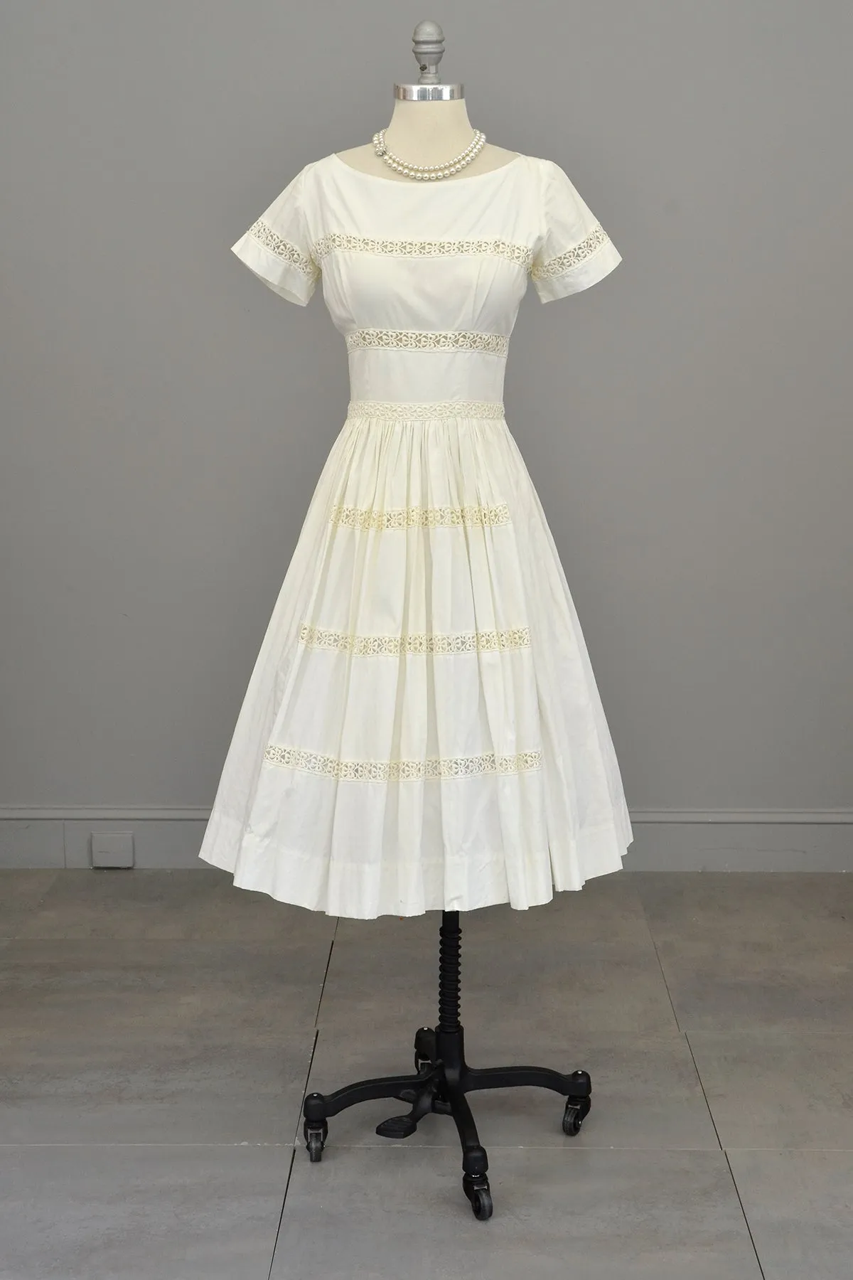 1950s 60s White Eyelet Fit and Flare Wedding Party Dress | Vintage Wedding