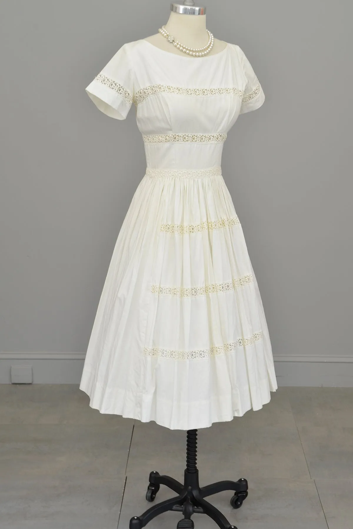 1950s 60s White Eyelet Fit and Flare Wedding Party Dress | Vintage Wedding