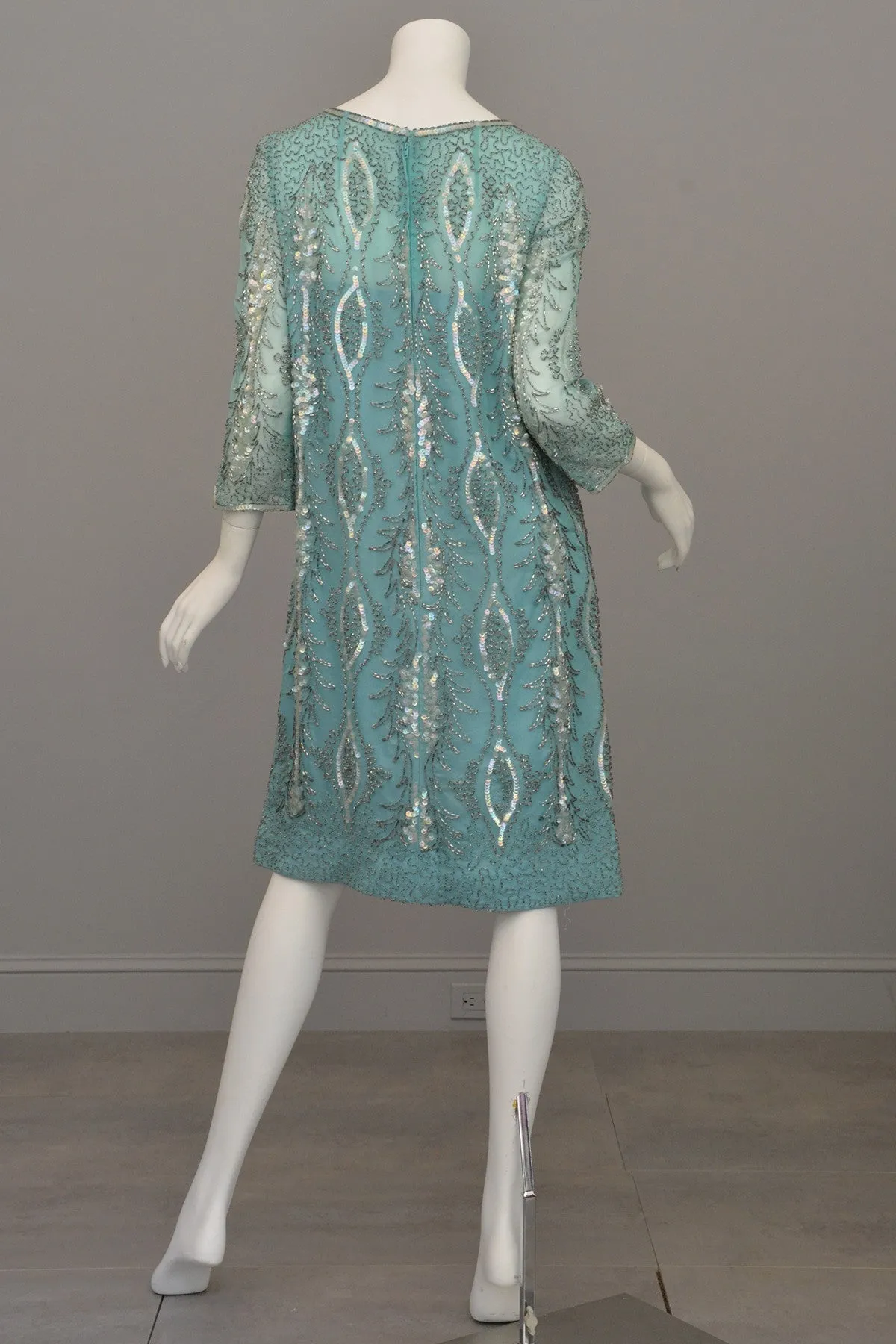 1960s Aqua Beaded Sequins MOD Party Dress