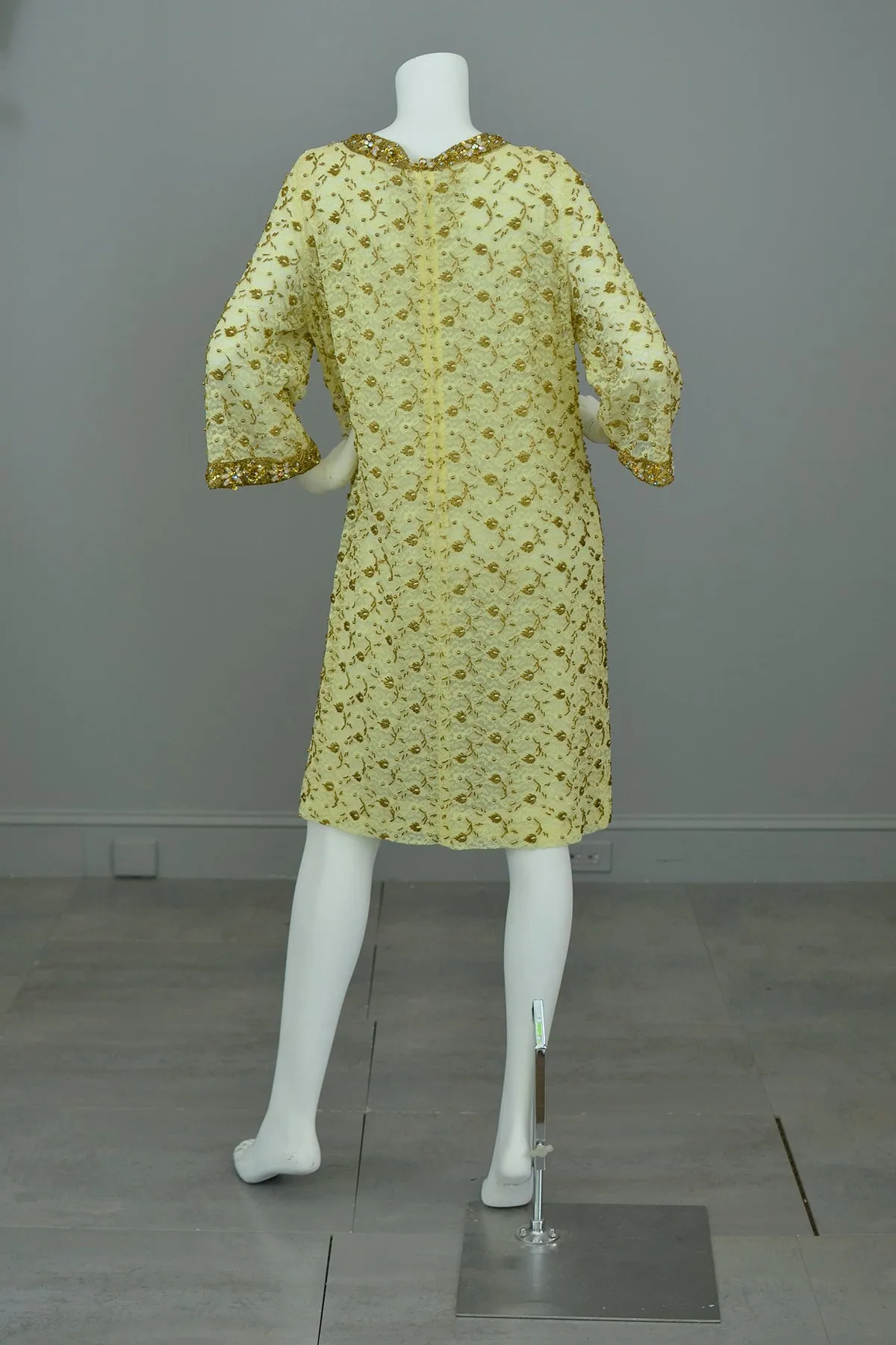 1960s Gold Beaded Lace Bell Sleeves Party Dress