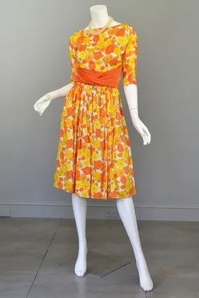 1960s Sunshine Yellow and Orange Retro Flower Print Vintage Party Dress Mad Men