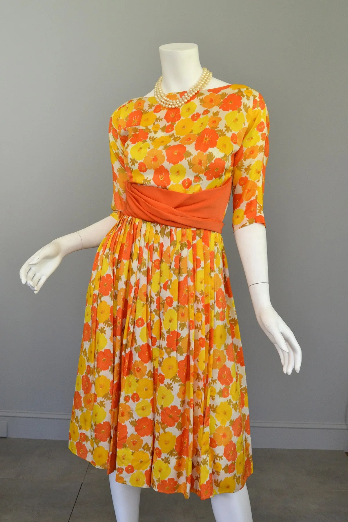 1960s Sunshine Yellow and Orange Retro Flower Print Vintage Party Dress Mad Men