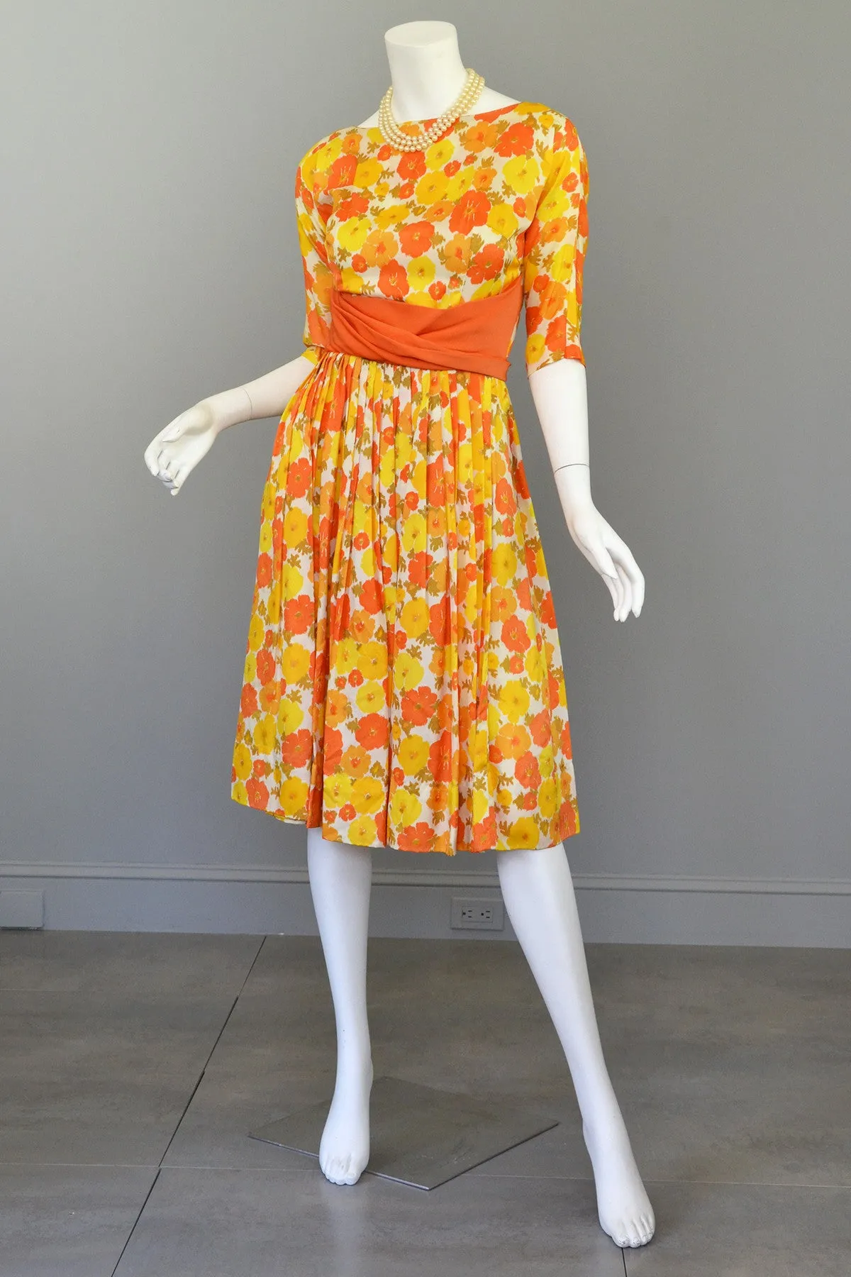 1960s Sunshine Yellow and Orange Retro Flower Print Vintage Party Dress Mad Men