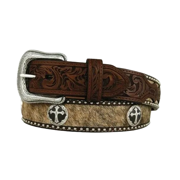 3D Belt Company Men's Brown Hair on Hide with Cross Conchos Belt D8743