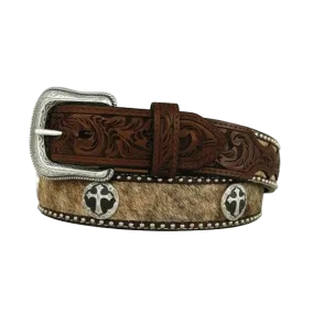 3D Belt Company Men's Brown Hair on Hide with Cross Conchos Belt D8743