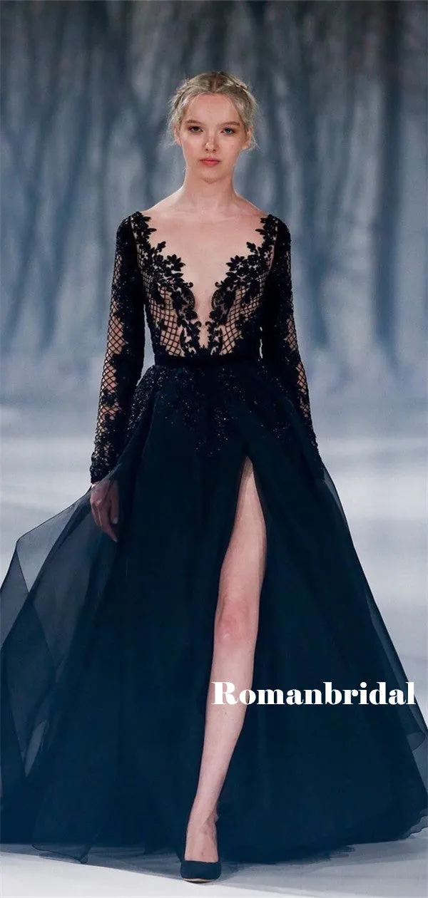 A-line Deep V-neck Long Sleeves Black Lace Tulle Prom Dresses, PD0826