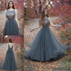 A Line Gray Tulle Two Piece Prom Dresses, Beading Sleeveless Floor Length prom dresses , PD0504