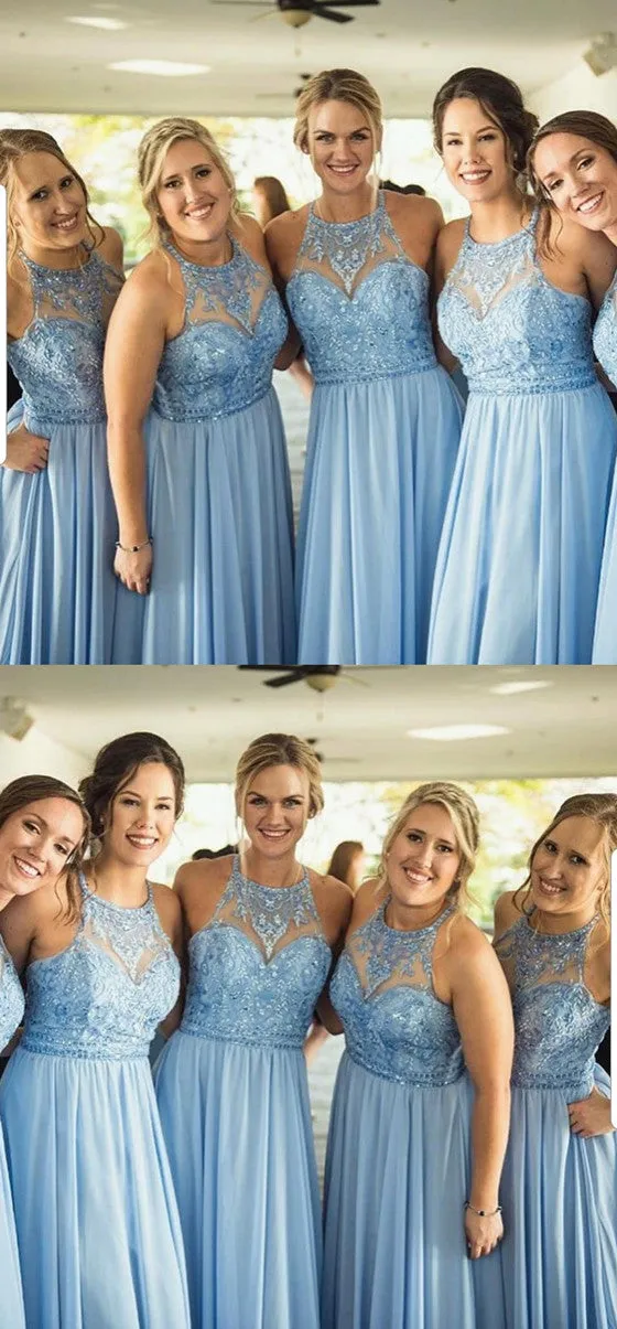 A-line Halter Lace Appliques Top Blue Chiffon Bridesmaid Dresses, BD0523