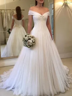 A-line Off-shoulder Zipper Back Simple Cheap Long Tulle Wedding Dresses, WD0471