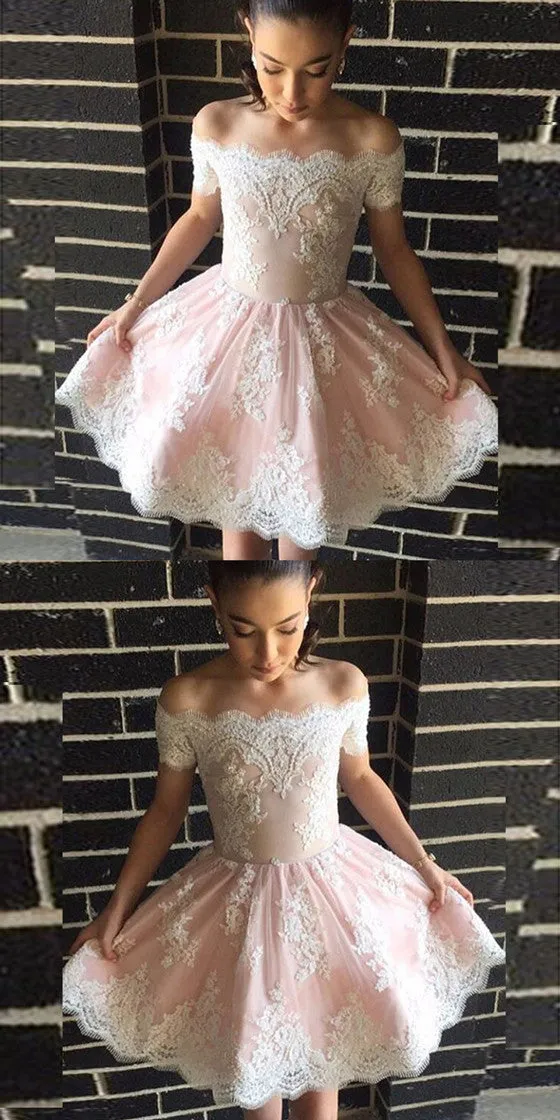 A-Line Off-the-Shoulder White Appliques Short Lovely Pink Homecoming Dress, HD0393