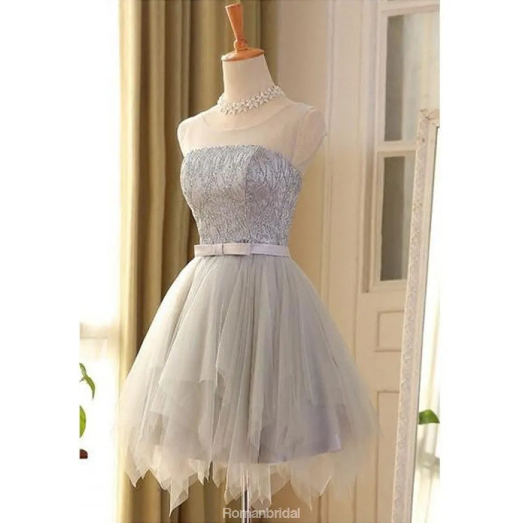 A-line Scoop Neck sleeveless Lace-up Back Short Tulle Homecoming Dresses, HD0360