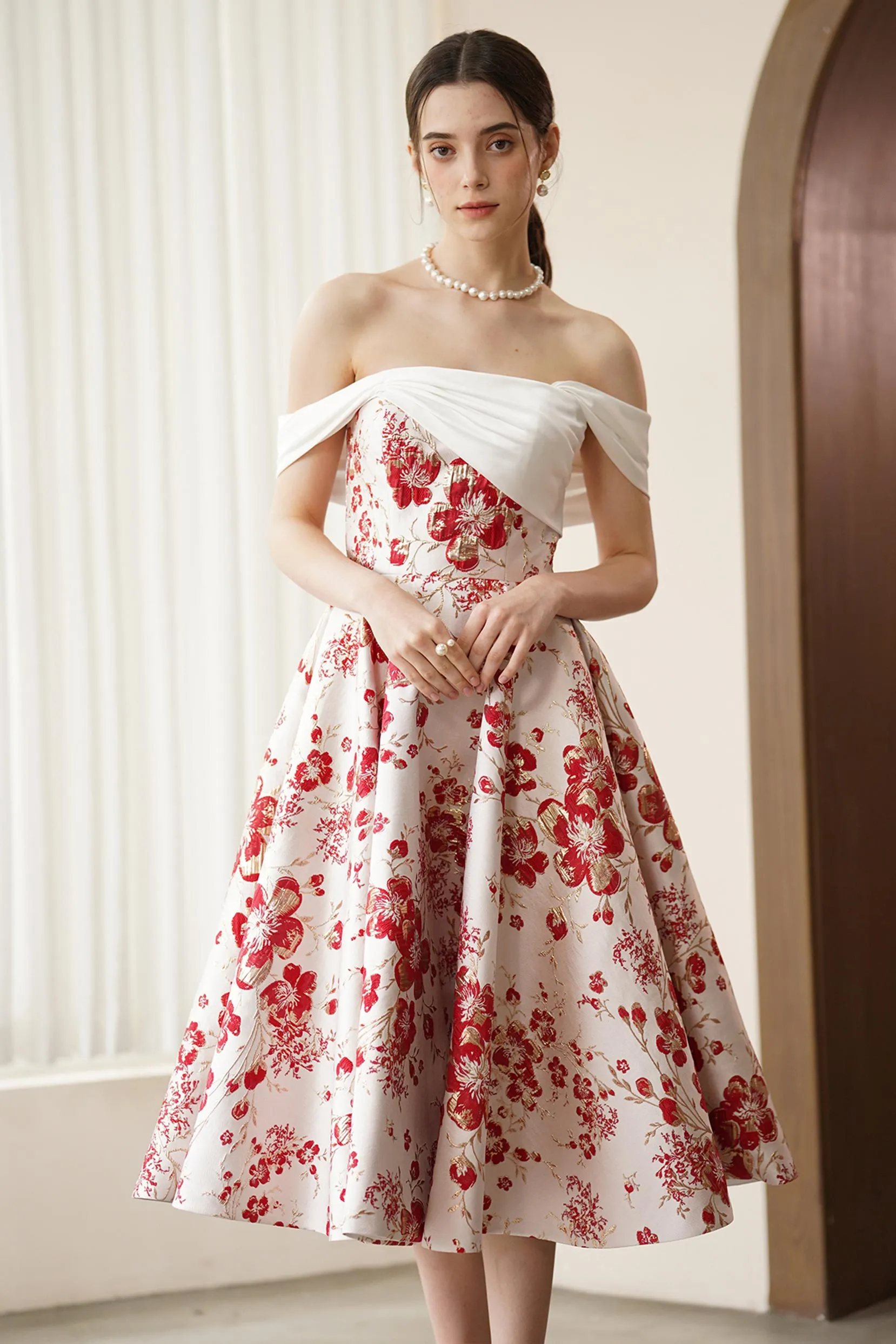 A-Line Tea Length Jacquard Satin Wedding Dress CW3317