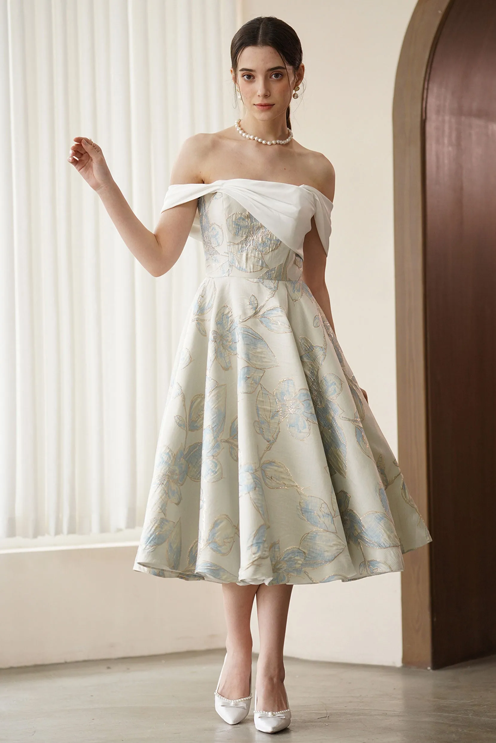 A-Line Tea Length Jacquard Satin Wedding Dress CW3318