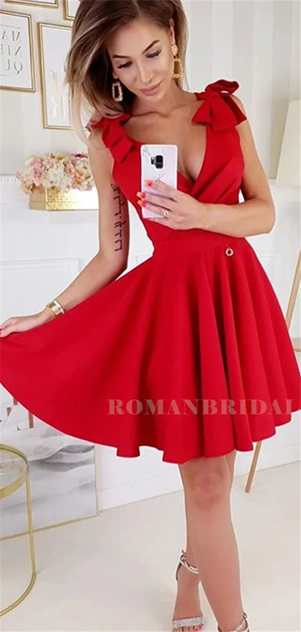 A-line V-neck Red Sleeveless Belt Homecoming Dresses With Ruffles, HD0574