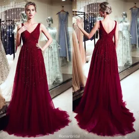 A-line V-neck Sleeveless Beading Burgundy Prom Dresses With Train, PD0680