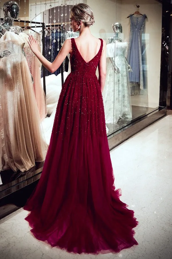 A-line V-neck Sleeveless Beading Burgundy Prom Dresses With Train, PD0680