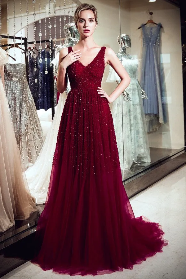 A-line V-neck Sleeveless Beading Burgundy Prom Dresses With Train, PD0680