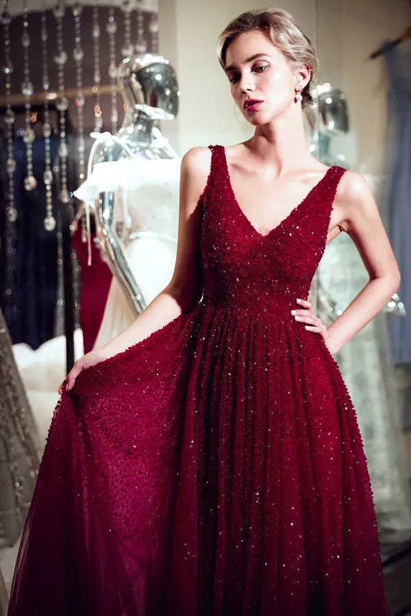 A-line V-neck Sleeveless Beading Burgundy Prom Dresses With Train, PD0680