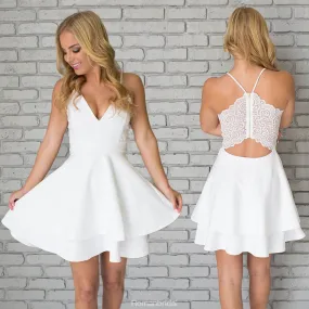 A Line White V-neck Spaghetti Straps Short Mini Homecoming Dresses, HD0358