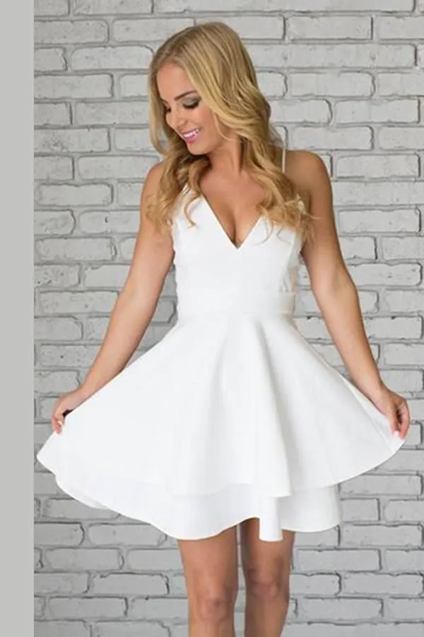 A Line White V-neck Spaghetti Straps Short Mini Homecoming Dresses, HD0358