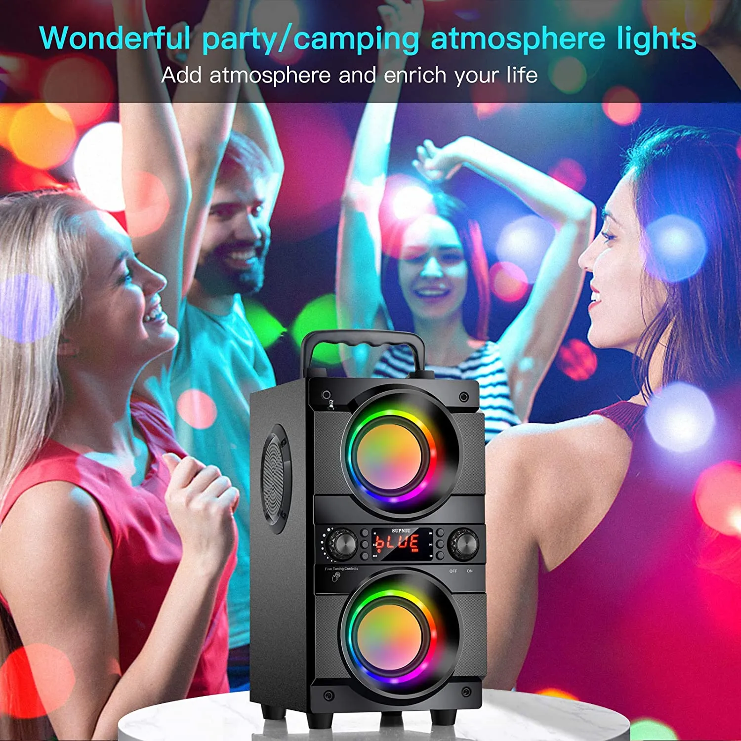 A21 2.2 Channel Portable Wireless Speaker 60W Bluetooth LED Colourful Lights, Black