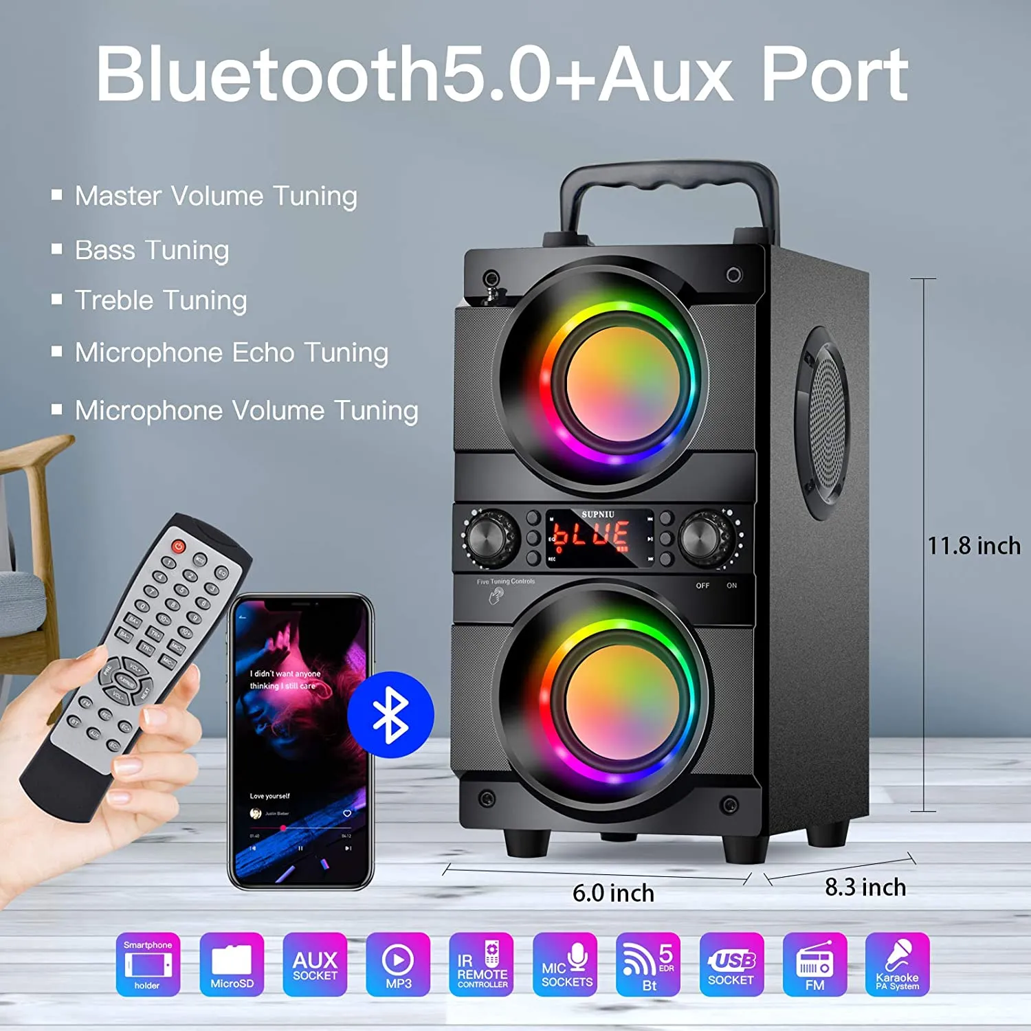 A21 2.2 Channel Portable Wireless Speaker 60W Bluetooth LED Colourful Lights, Black