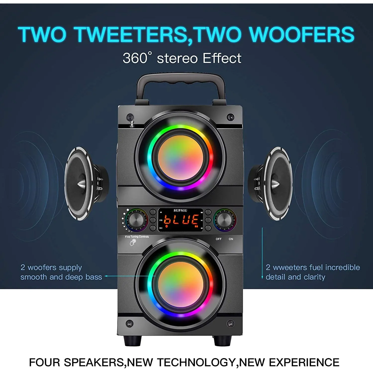 A21 2.2 Channel Portable Wireless Speaker 60W Bluetooth LED Colourful Lights, Black