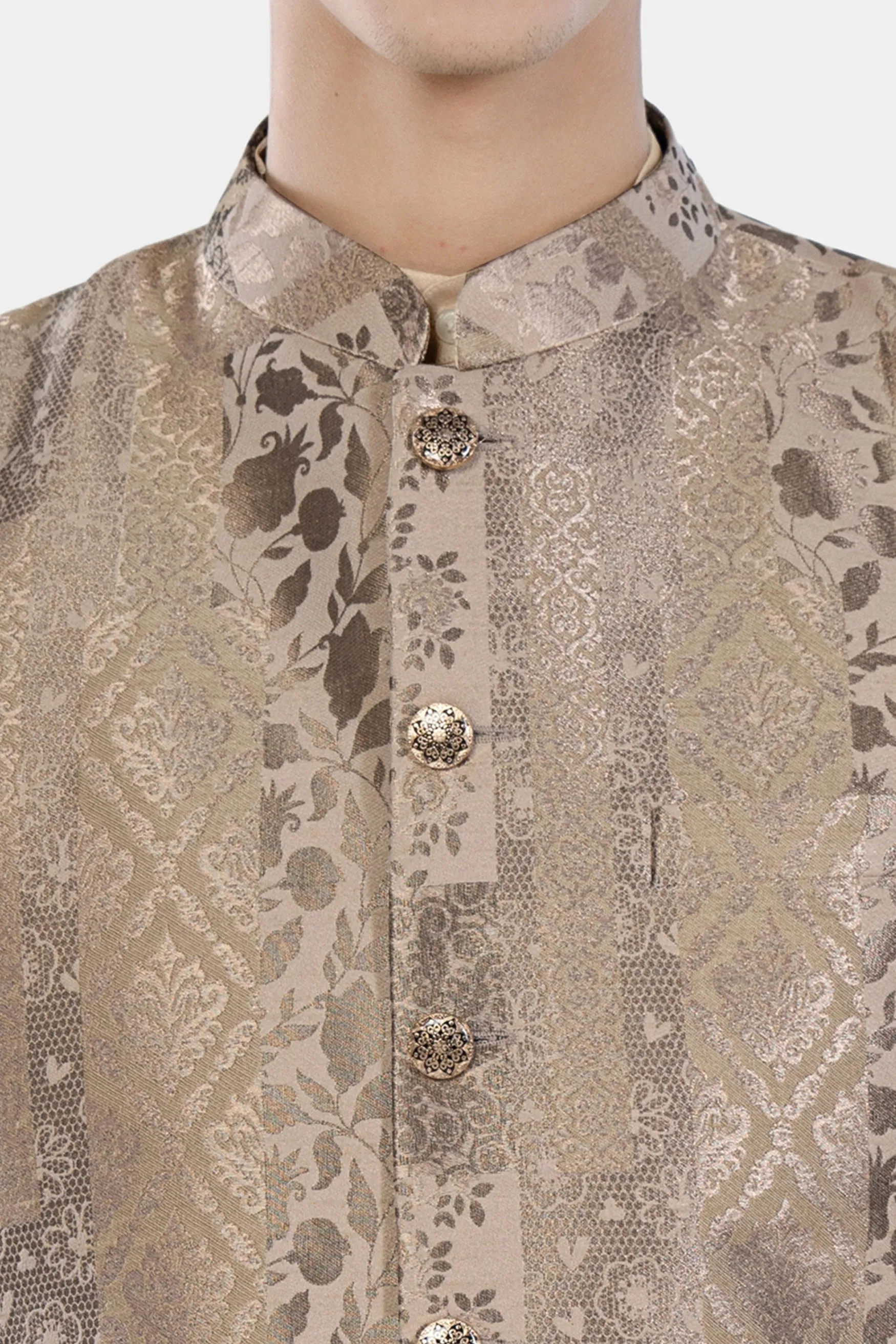 Almond Brown Kurta Set with Cashmere and Sandrift Brown Floral Jacquard Textured Designer Nehru Jacket