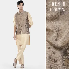 Almond Brown Kurta Set with Cashmere and Sandrift Brown Floral Jacquard Textured Designer Nehru Jacket