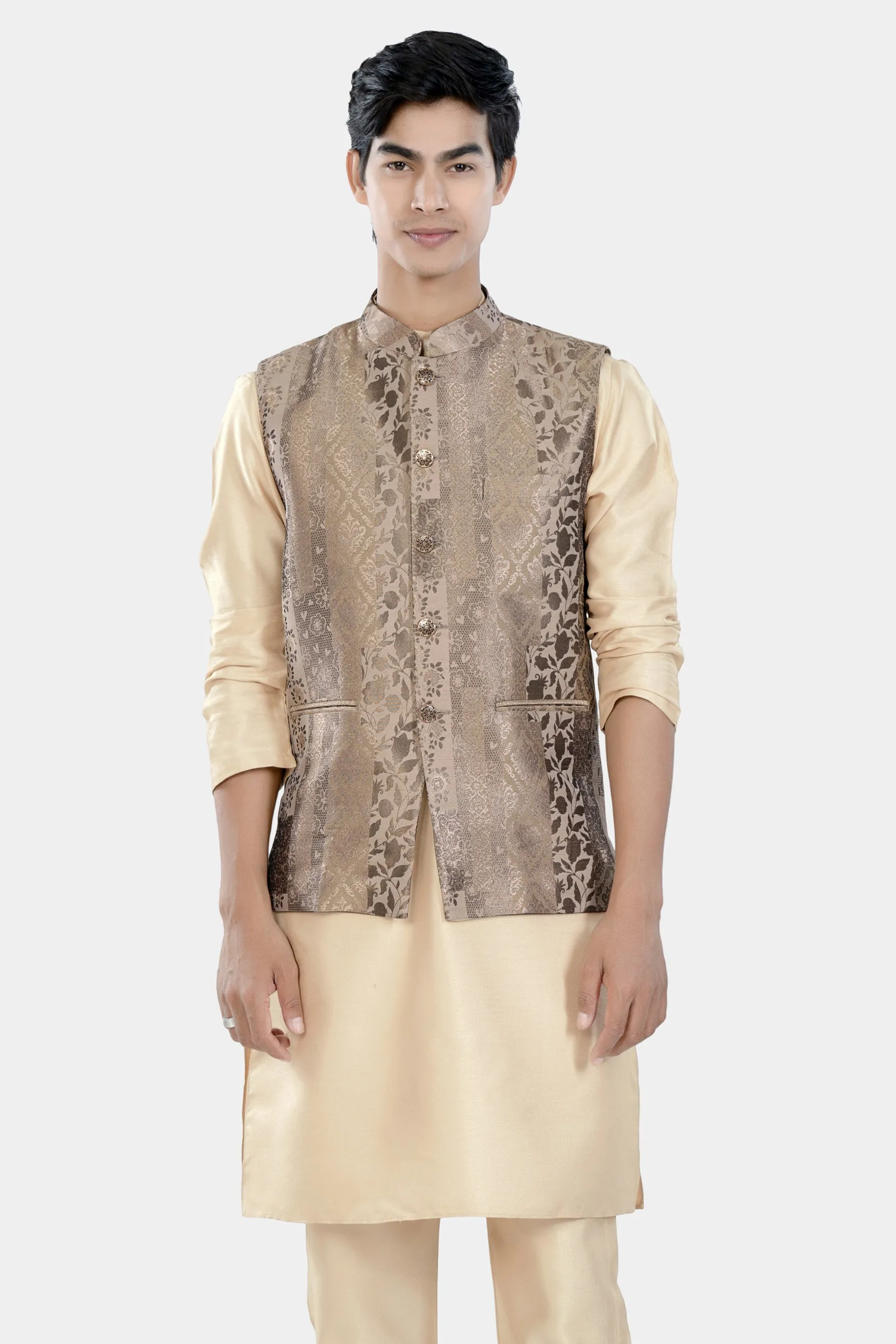 Almond Brown Kurta Set with Cashmere and Sandrift Brown Floral Jacquard Textured Designer Nehru Jacket