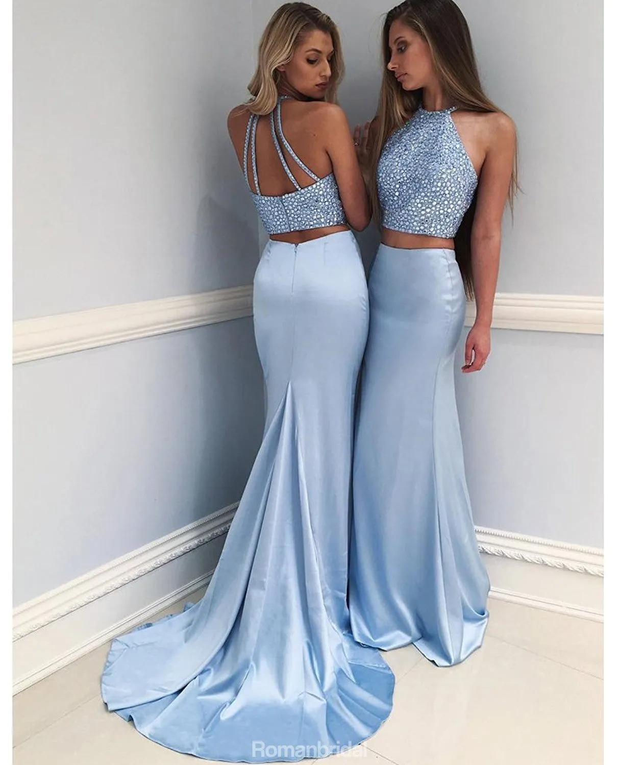 Amazing Two-Piece Mermaid Round Neck Blue evening Dress with Beading long prom dresses , PD0525