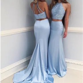 Amazing Two-Piece Mermaid Round Neck Blue evening Dress with Beading long prom dresses , PD0525