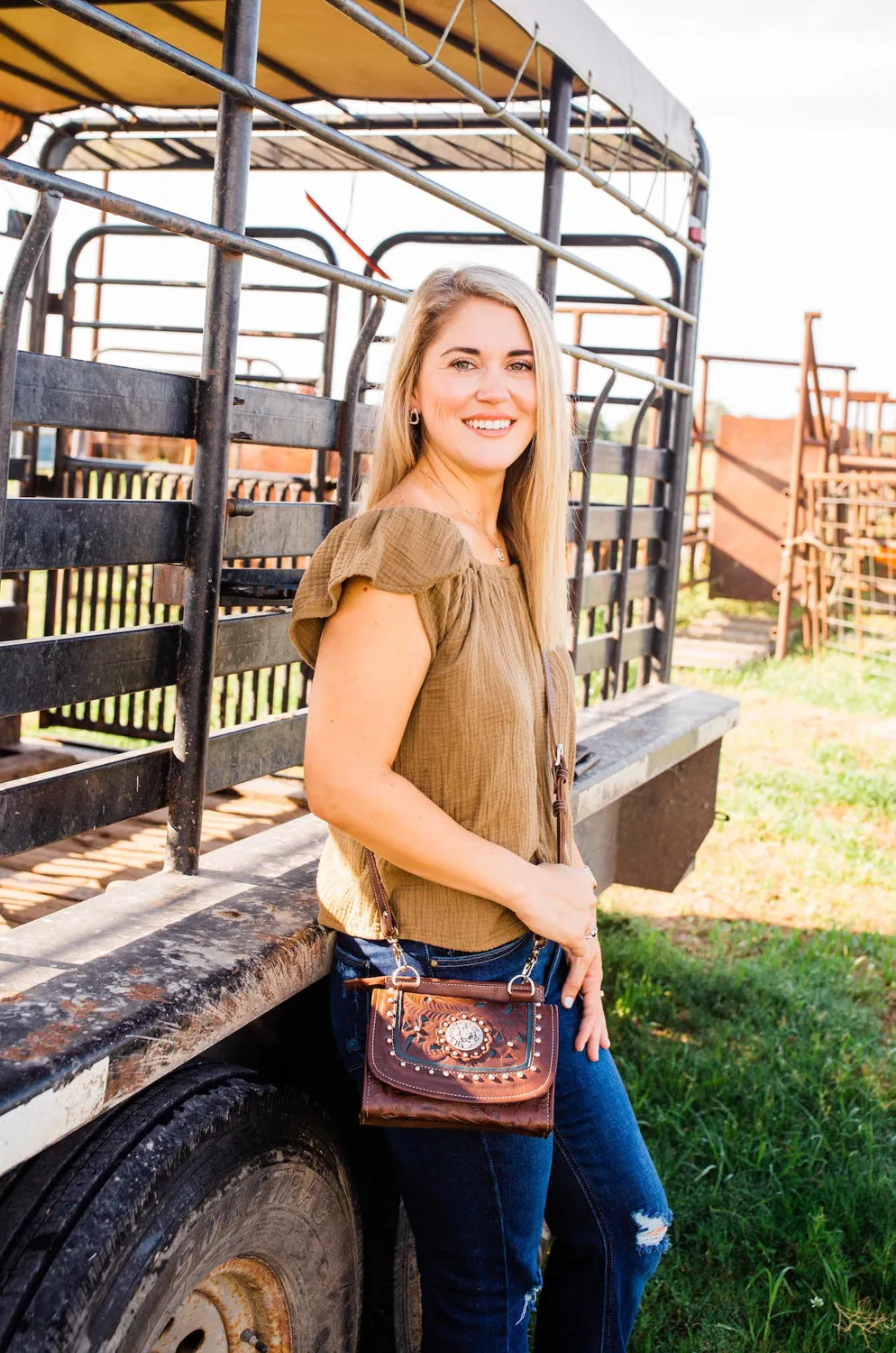 American West Womens Lady Lace Dark Brown Leather Crossbody Bag