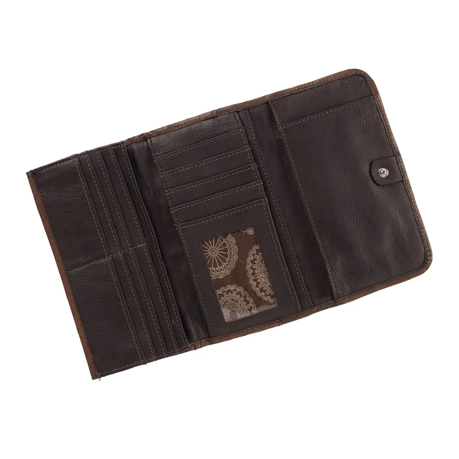 American West Womens Lady Lace Dark Brown Leather Trifold Wallet