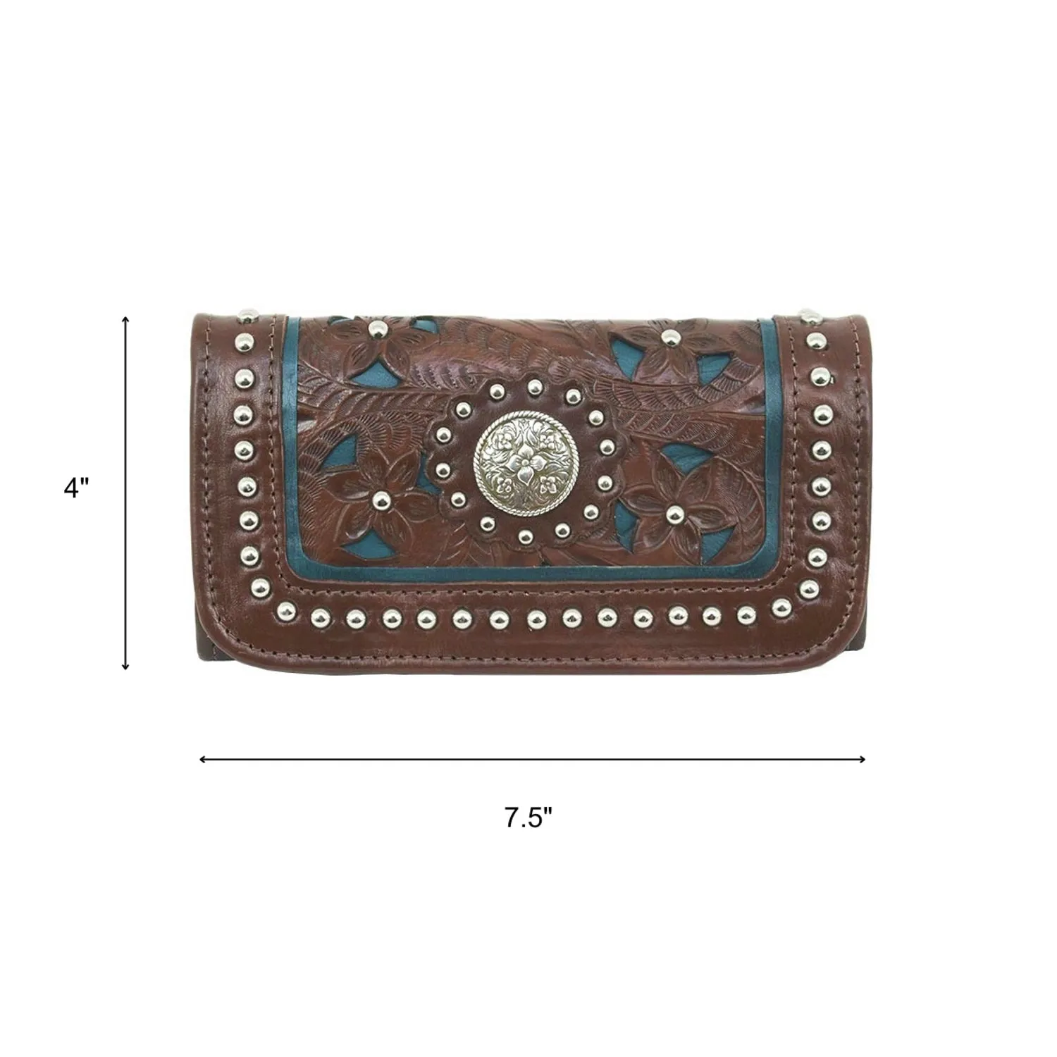 American West Womens Lady Lace Dark Brown Leather Trifold Wallet