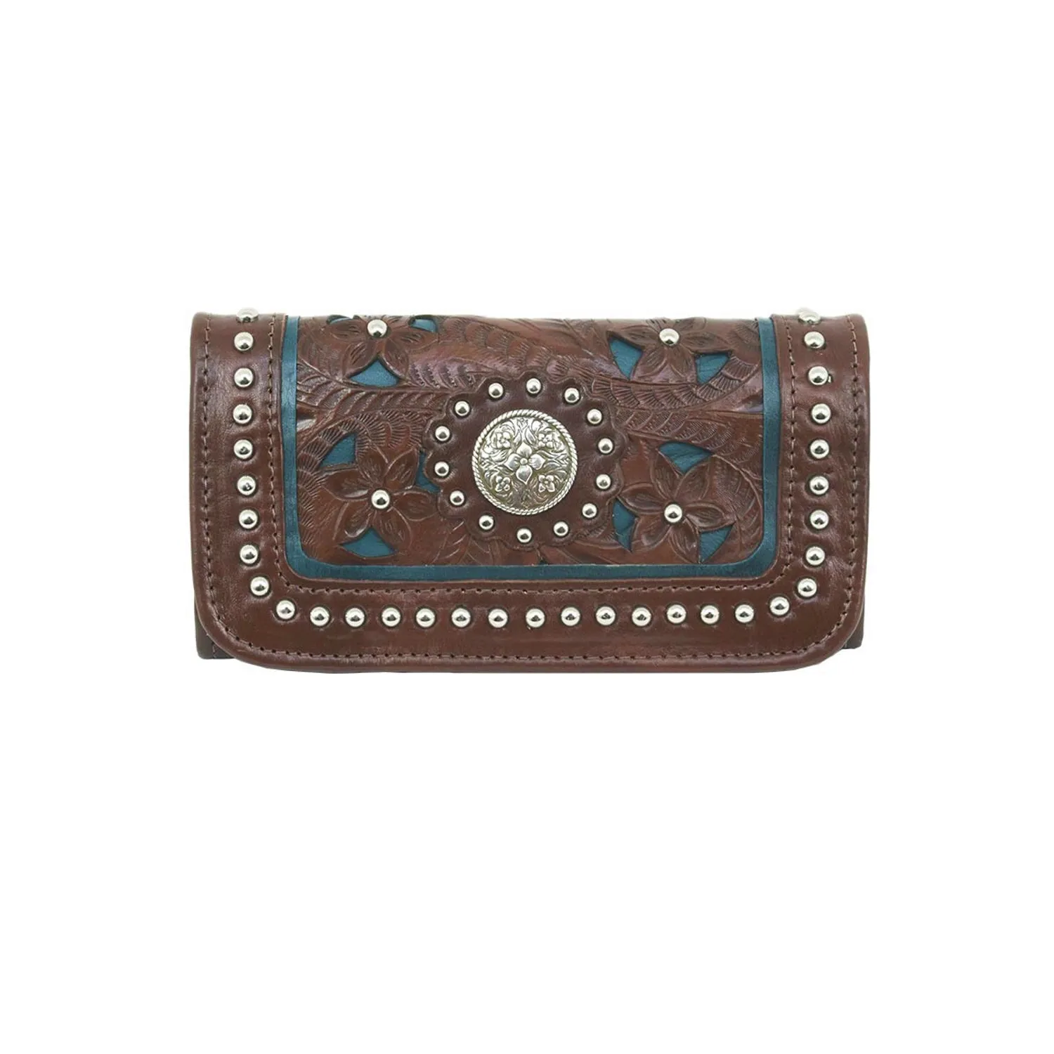 American West Womens Lady Lace Dark Brown Leather Trifold Wallet