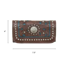 American West Womens Lady Lace Dark Brown Leather Trifold Wallet