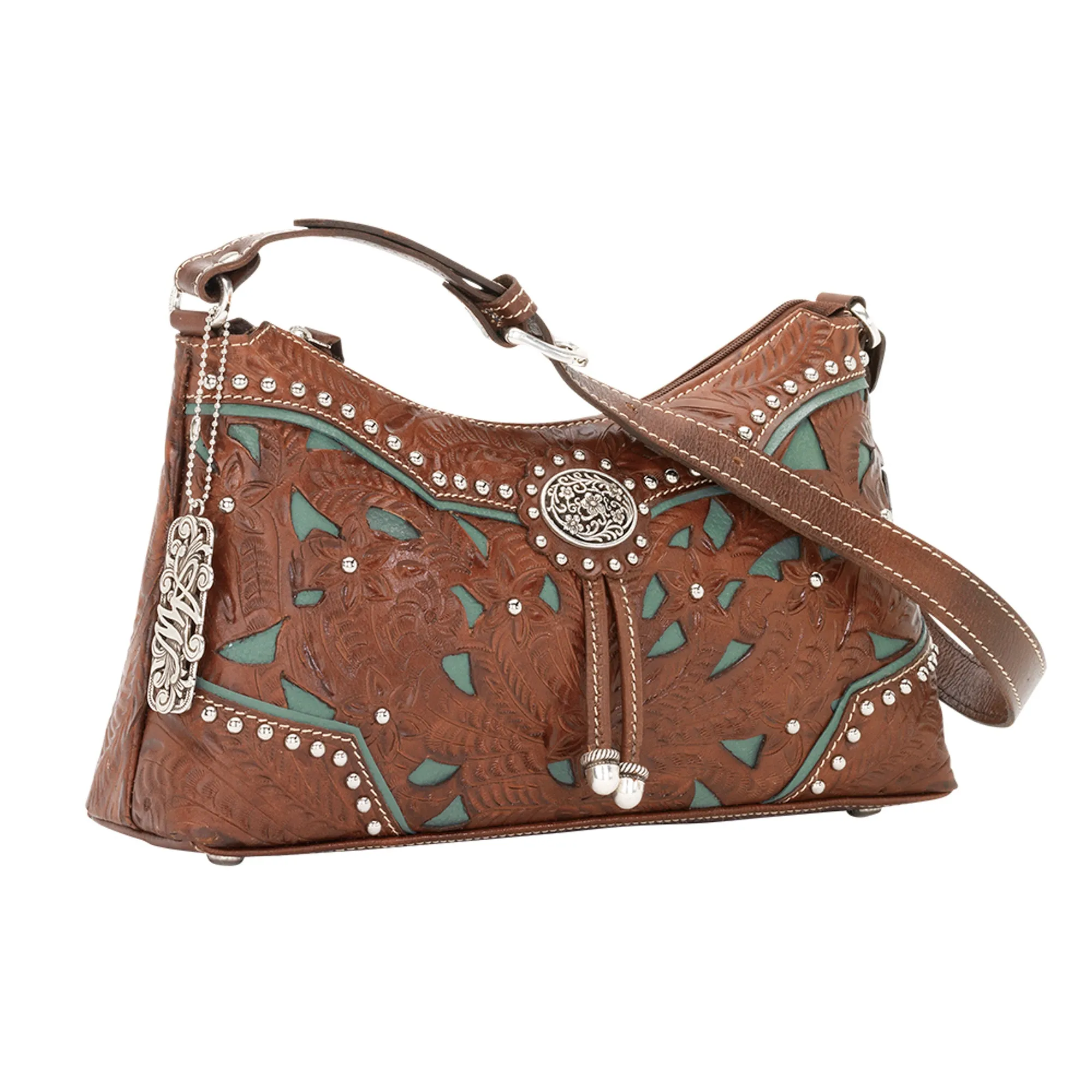 American West Womens Lady Lace Hobo Medium Brown Leather Handbag Bag