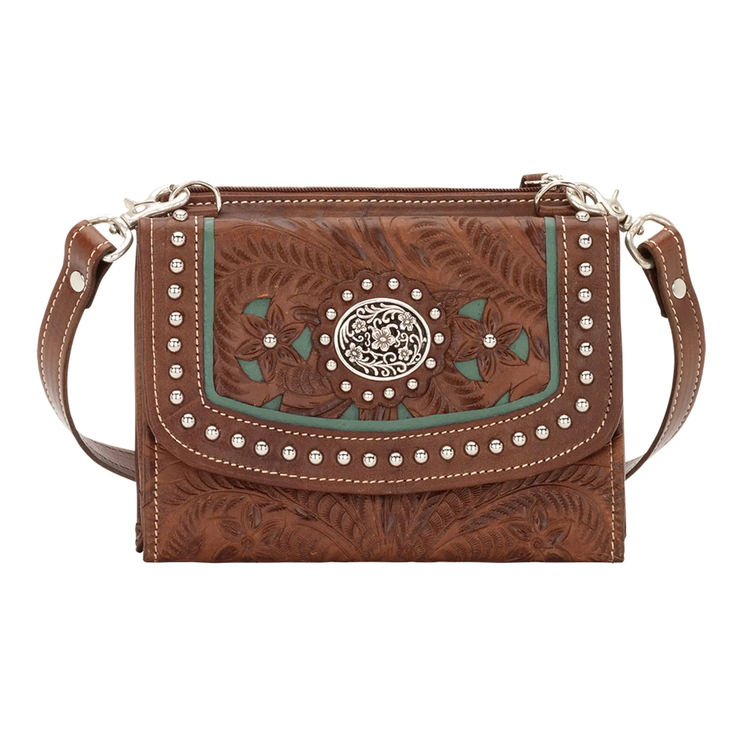 American West Womens Lady Lace Medium Brown Leather Crossbody Bag