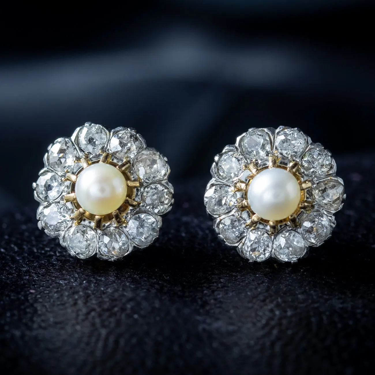 Antique Edwardian Flower Pearl and Diamond Stud Earrings with 2ct Of Diamond