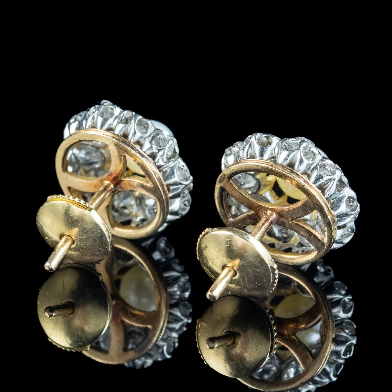 Antique Edwardian Flower Pearl and Diamond Stud Earrings with 2ct Of Diamond