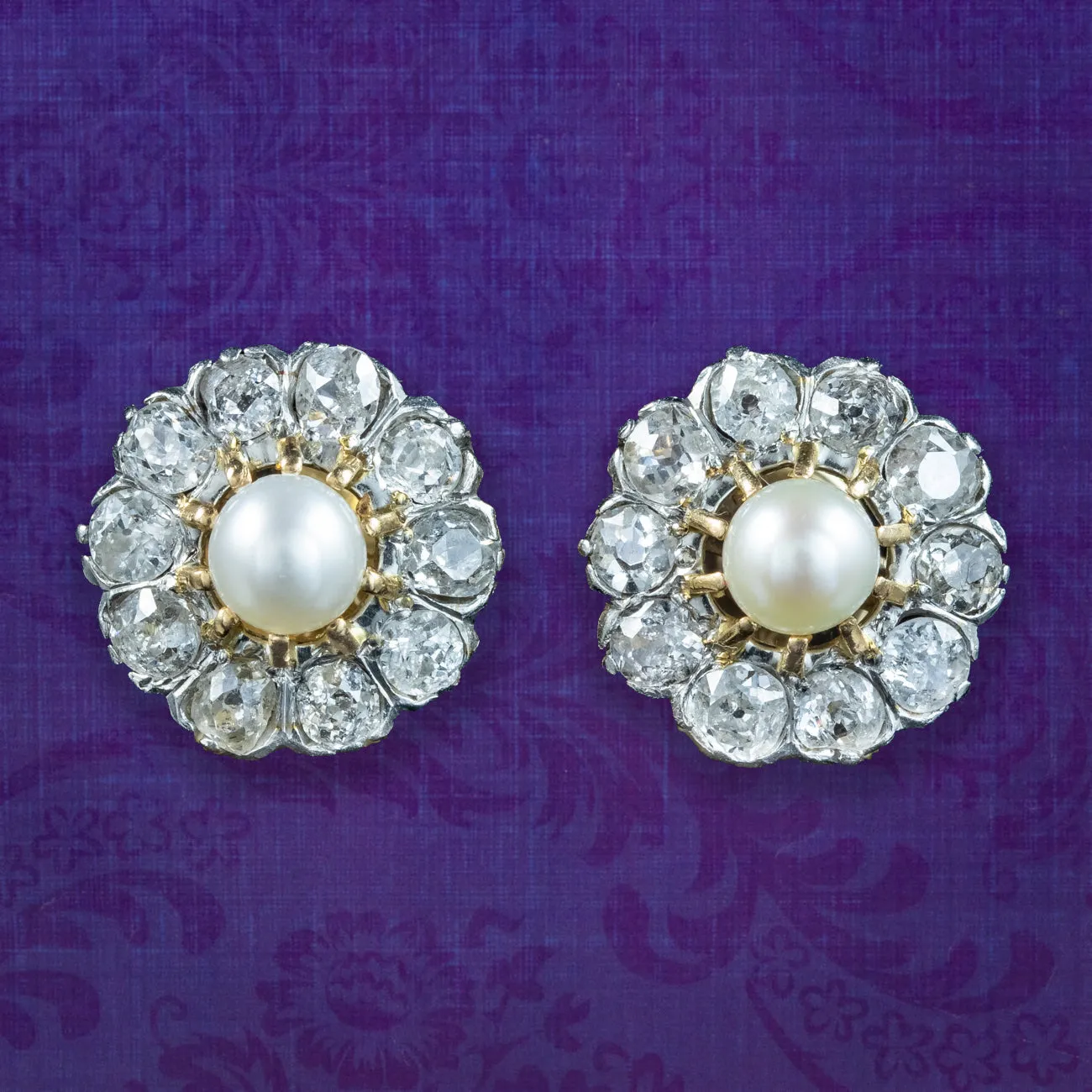 Antique Edwardian Flower Pearl and Diamond Stud Earrings with 2ct Of Diamond