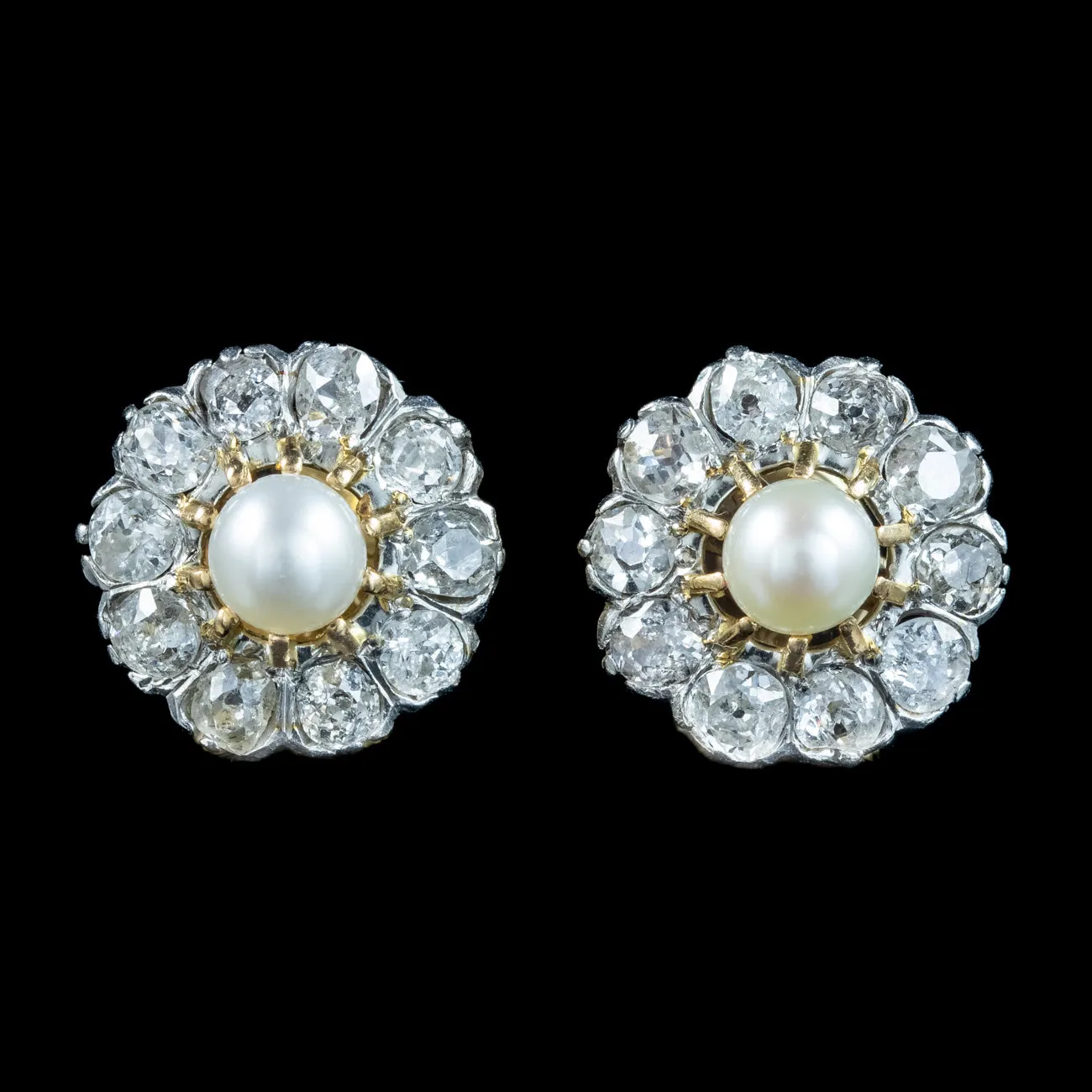 Antique Edwardian Flower Pearl and Diamond Stud Earrings with 2ct Of Diamond