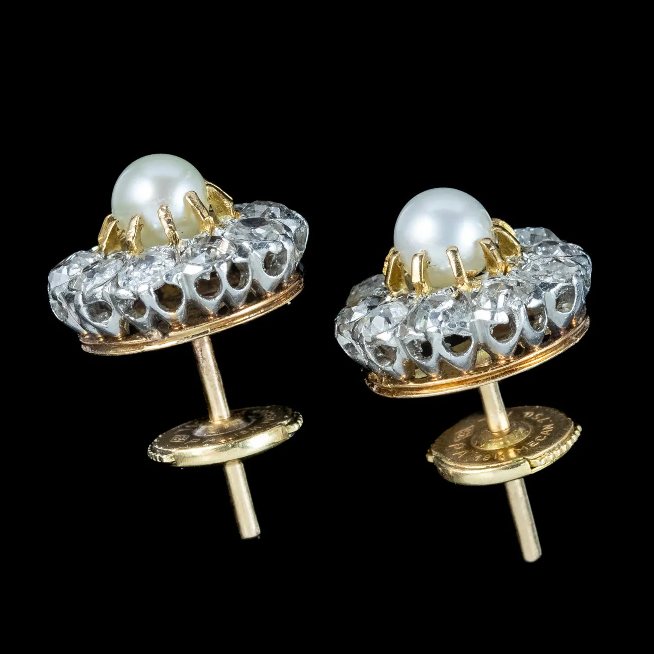 Antique Edwardian Flower Pearl and Diamond Stud Earrings with 2ct Of Diamond